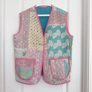Vintage Patchwork Kantha Vest Recycled Textile Quilted Cotton Silk Blend
